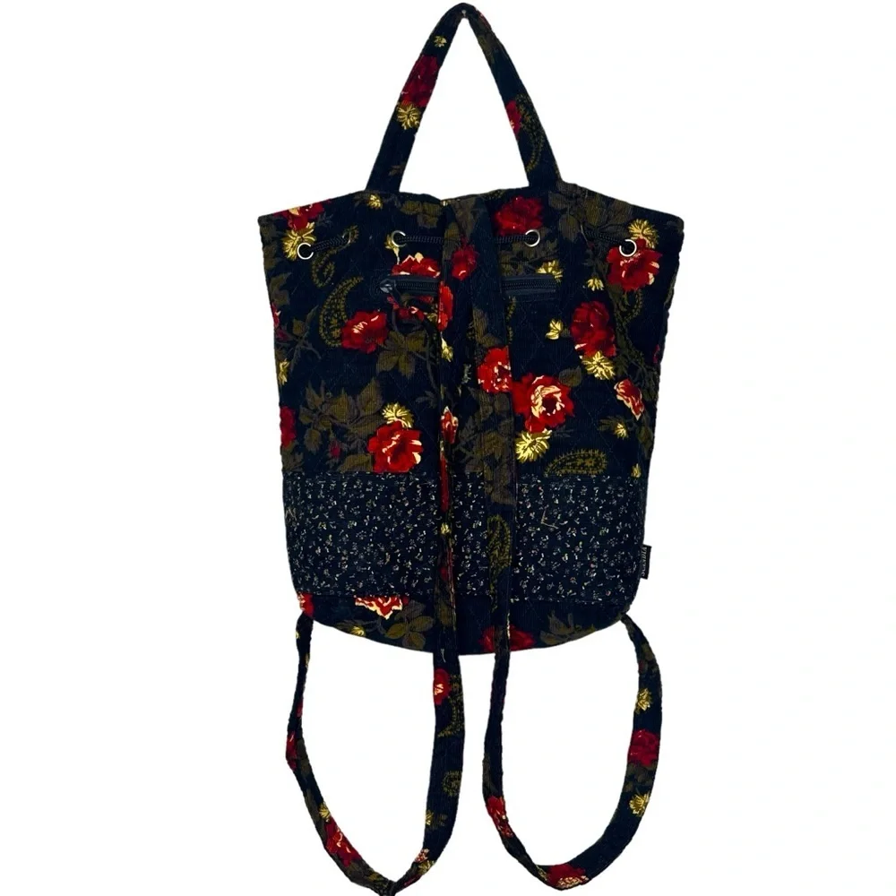 Vintage Scandia Floral Book Bag / Back Pack Black / Red / Yellow Plaid Interior